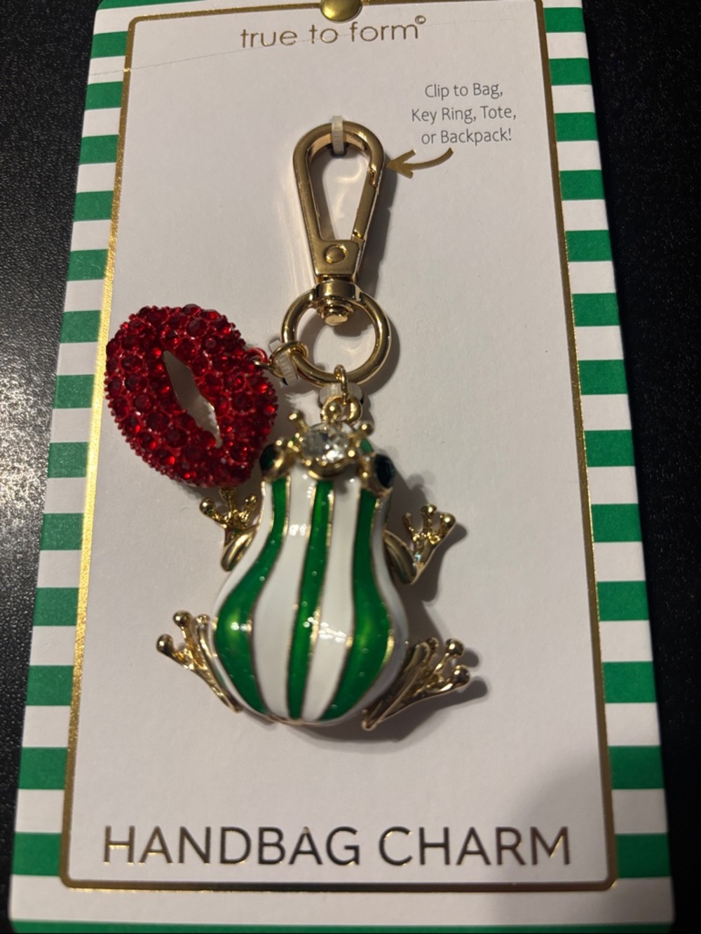 true to form Green & White Striped Frog Handbag Charm with‎ Red Lip Accent